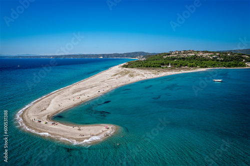 Drone (aerial) view of beautiful beach on Possidi Cape on Kassandra peninsula, Halkidiki (Chalkidiki), Greece