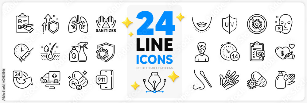 Icons set of Coronavirus pills, Medical mask and Uv protection line icons pack for app with Wash hands, Veins, Stop coronavirus thin outline icon. Emergency call, Nasal test. Vector