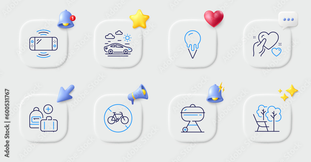 Add handbag, Bicycle prohibited and Hold heart line icons. Buttons with 3d bell, chat speech, cursor. Pack of Ice cream, Car travel, Game console icon. Deckchair, Grill pictogram. Vector Add handbag, Bicycle prohibited and Hold heart line icons. Buttons with 3d bell, chat speech, cursor. Pack of Ice cream, Car travel, Game console icon. Deckchair, Grill pictogram. Vector
