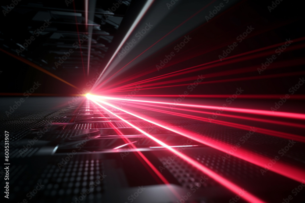 Technology concept. Laser beams and laser technology in dark background with copy space. Generative AI