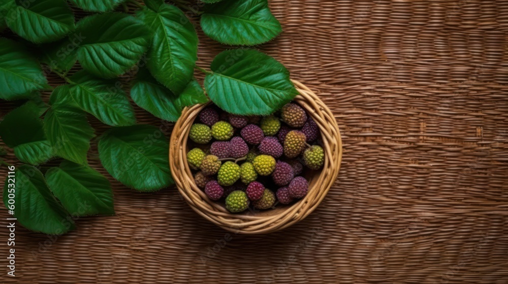 A basket of mulberry top down view background with free copy space