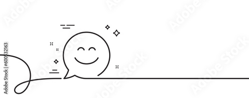 Smile chat line icon. Continuous one line with curl. Happy emoticon sign. Speech bubble symbol. Smile chat single outline ribbon. Loop curve pattern. Vector