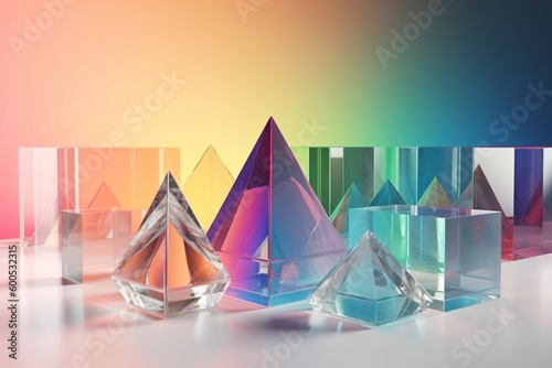Various transparent glass geometric shapes or crystals with light diffraction of spectrum colors and complex reflection background. Pyramids  rectangle  cube and other shape objects. Generative AI