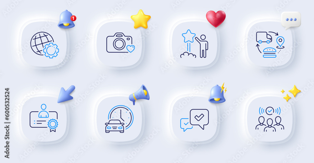 Certificate, Squad and Star line icons. Buttons with 3d bell, chat speech, cursor. Pack of Supply chain, Photo camera, Book car icon. Approve, Globe pictogram. For web app, printing. Vector Certificate, Squad and Star line icons. Buttons with 3d bell, chat speech, cursor. Pack of Supply chain, Photo camera, Book car icon. Approve, Globe pictogram. For web app, printing. Vector