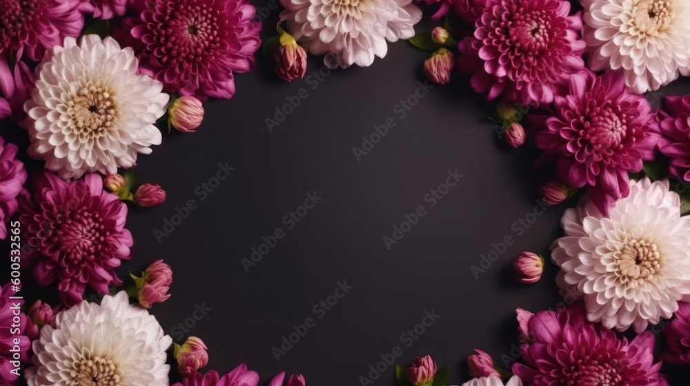 Frame made of chrysanthemum flowers on dark background with free copy space Frame made of chrysanthemum flowers on dark background with free copy space