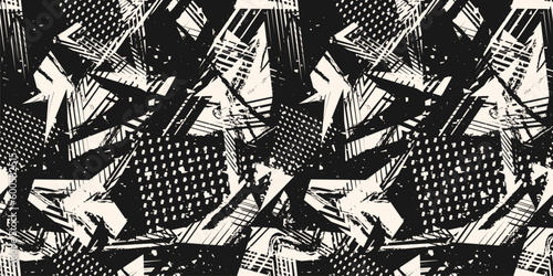 Abstract monochrome grunge seamless pattern. Urban art texture with paint splashes, chaotic shapes, lines, dots, patches. Sport graffiti style vector background. Black and white repeat sporty design