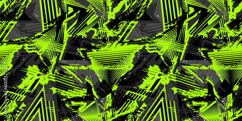 Trendy sport pattern. Abstract vector seamless grunge background. Urban art texture with neon lines, triangles, chaotic brush strokes, ink, splatter. Grunge graffiti pattern. Black and green design