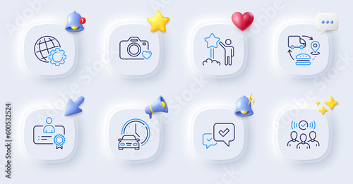 Certificate, Squad and Star line icons. Buttons with 3d bell, chat speech, cursor. Pack of Supply chain, Photo camera, Book car icon. Approve, Globe pictogram. For web app, printing. Vector