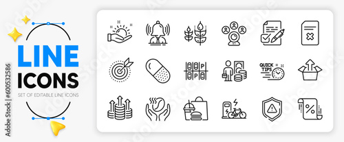 Capsule pill, Voting ballot and Money profit line icons set for app include Video conference, Shield, Electric bike outline thin icon. Target purpose, Sunny weather, Send box pictogram icon. Vector