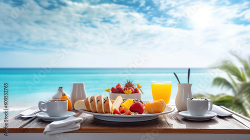 Luxury breakfast table beautiful tropical sea sky background. Generative Ai