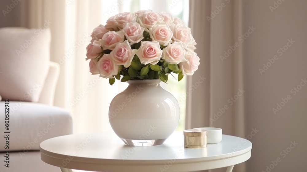 vase with flowers roses on a wooden white table, on the background of the window. Generative AI vase with flowers roses on a wooden white table, on the background of the window. Generative AI