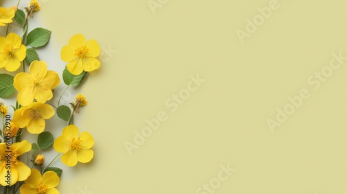 a bouquet of flowers on a milk, peach, yellow background. top view, copy space for text. Generative AI