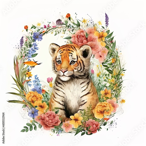 tiger with flowers  watercolor  AI generated - FREE copyright 