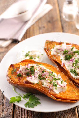 baked sweet potato filling with cream and herbs