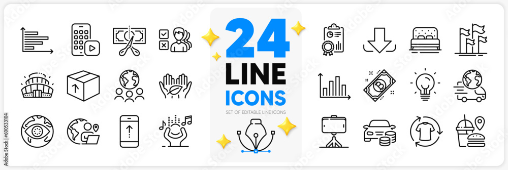 Icons set of Opinion, Delivery service and Inspect line icons pack for app with Arena stadium, Fast food, Outsource work thin outline icon. Download, Selfie stick, Noise pictogram. Vector