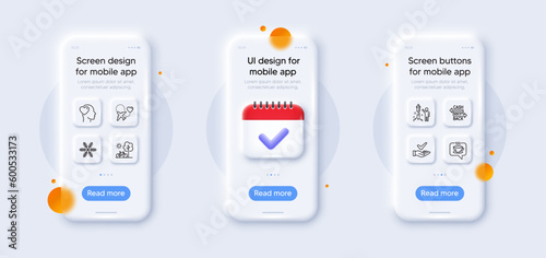 Friend, Honeymoon travel and Cashback card line icons pack. 3d phone mockups with calendar. Glass smartphone screen. Coffee, Dermatologically tested, Bicycle web icon. Vector