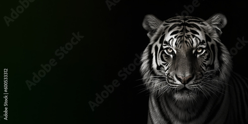 Black and white photorealistic studio portrait of a Tiger on black background. Generative AI illustration