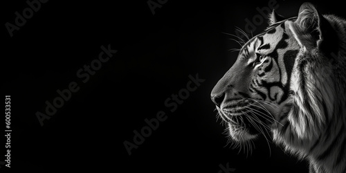 Black and white photorealistic studio portrait of a Tiger on black background. Generative AI illustration © JoelMasson