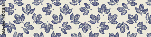 Masculine block print sprig stem vector ribbon. Seamless sketchy herb plant organic style for rustic washi tape. 