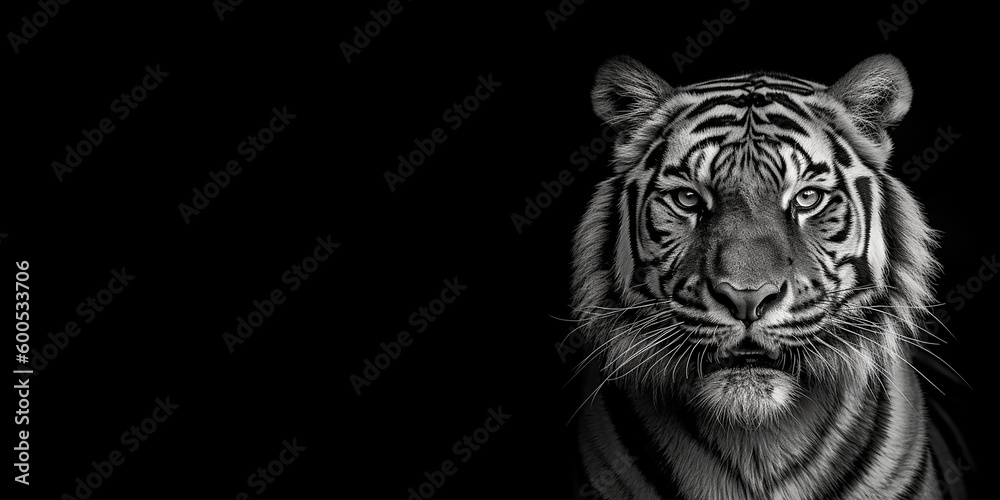 Black and white photorealistic studio portrait of a Tiger on black background. Generative AI illustration
