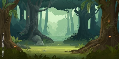 Illustration of a cartoon jungle background with a forest path in the middle - AI Generative