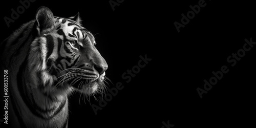 Black and white photorealistic studio portrait of a Tiger on black background. Generative AI illustration © JoelMasson