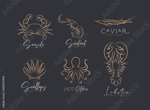 Filigree swirl sea and ocean creatures crab, shrimp, sturgeon, shell, octopus, lobster labels with lettering drawing on black background