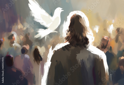 Jesus Christ with a dove. Generative AI illustration photo