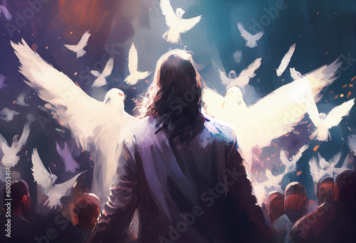 Jesus Christ with a dove. Generative AI illustration