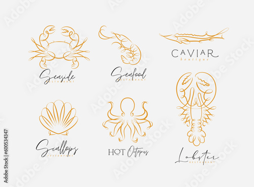 Sticker Filigree swirl sea and ocean creatures crab, shrimp, sturgeon, shell, octopus, l