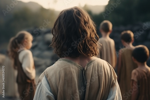 Children following and listening to Jesus. Generative AI illustration