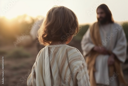 Children following and listening to Jesus. Generative AI illustration