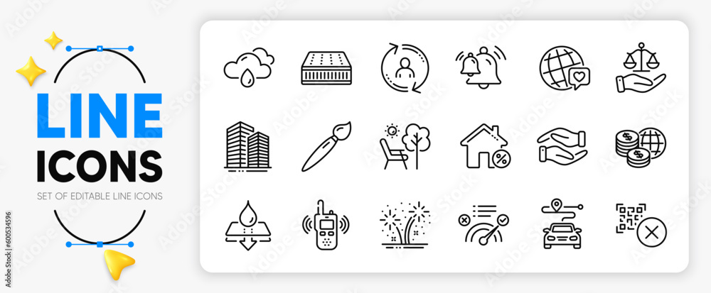 Fireworks, World money and Rainy weather line icons set for app include Helping hand, Qr code, World brand outline thin icon. Justice scales, Correct answer, Journey pictogram icon. Vector