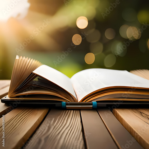 Open Mind and Open Book, Beautiful Reading During Sunset, Peaceful Minimal Notebook, Wooden Table Outside, Open Trees Background