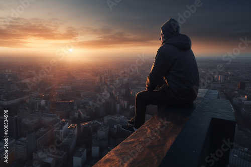 Lonely man looking at a city from high point. Generative AI illustration