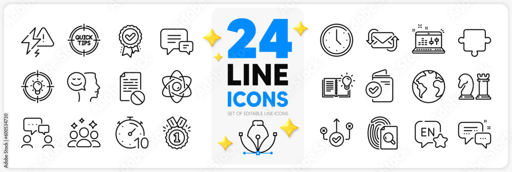 Icons set of Idea, Inspect and Employees messenger line icons pack for app with Correct way, Sound check, Wrong file thin outline icon. Lightning bolt, Refresh mail, Approved pictogram. Vector