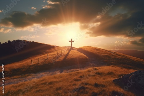 Cross on a hill with sunrays behind it