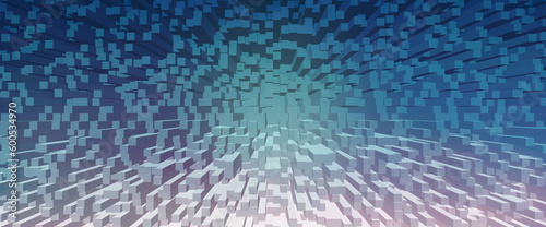Geometric effect of many parallelepipeds on plane. Portal of blue pink cyan colors. Fantastic design background image with many lines and squares in digital space. Abstract backdrop of cyberspace.