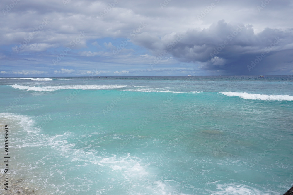 panoramic view of sea, sky and beach on a stormy day  on the tropical island of La Réunion, France
