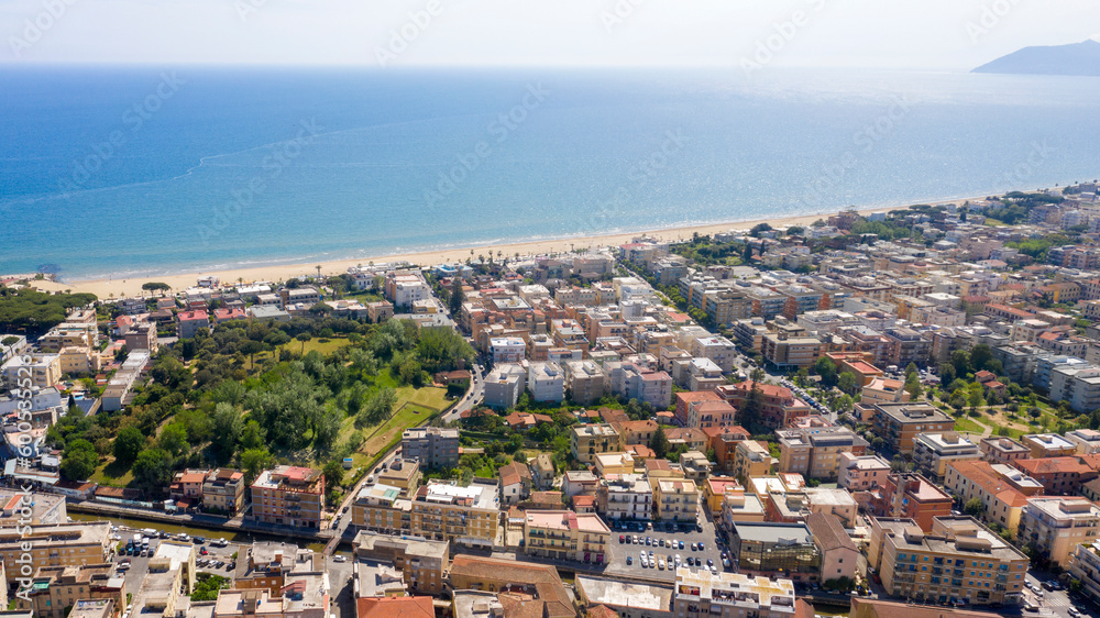 Aerial view of the seafront of Terracina, in the province of Latina, Italy. 