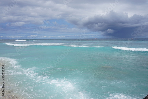 Fototapeta Naklejka Na Ścianę i Meble -  panoramic view of sea, sky and beach on a stormy day  on the tropical island of La Réunion, France