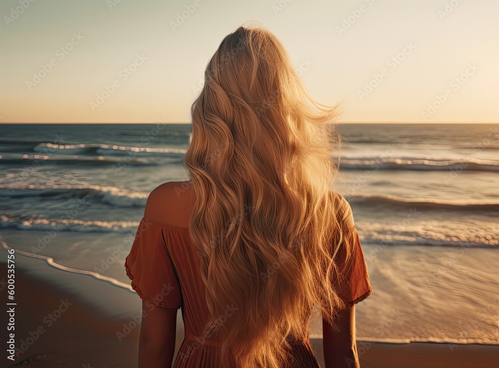 Beautiful blonde girl with long hair in short white dress walking at sunset on the beach created with Generative AI technology - obrazy, fototapety, plakaty 