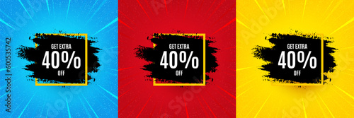 Get 40 percent off paint brush banner. Sunburst offer banner, flyer or poster. Discount square frame. Sale tag icon. Sale frame promo event banner. Starburst pop art coupon. Special deal. Vector