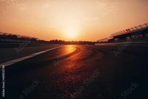 Low angle view chicane on race track track at sunset. Generative AI. © bluebeat76