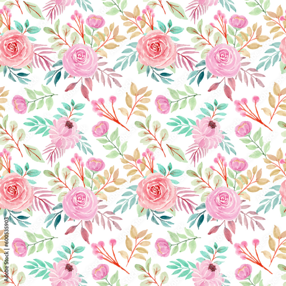 Watercolor seamless pattern of blue red roses
