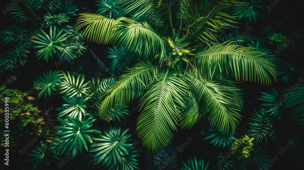 Palm trees, green natural background, generative AI.