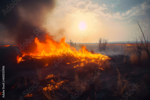 Fire in nature burns grass bushes, drought. Generative AI.