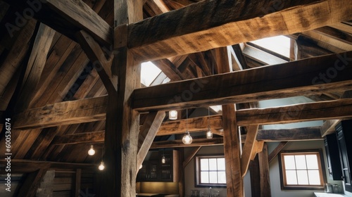 Rustic wooden beams across the ceiling. AI generated