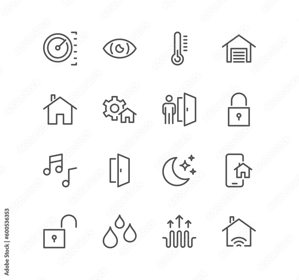 Set of smart house related icons, camera, lock, settings, fan control, power, management, garage and linear variety vectors. Set of smart house related icons, camera, lock, settings, fan control, power, management, garage and linear variety vectors.