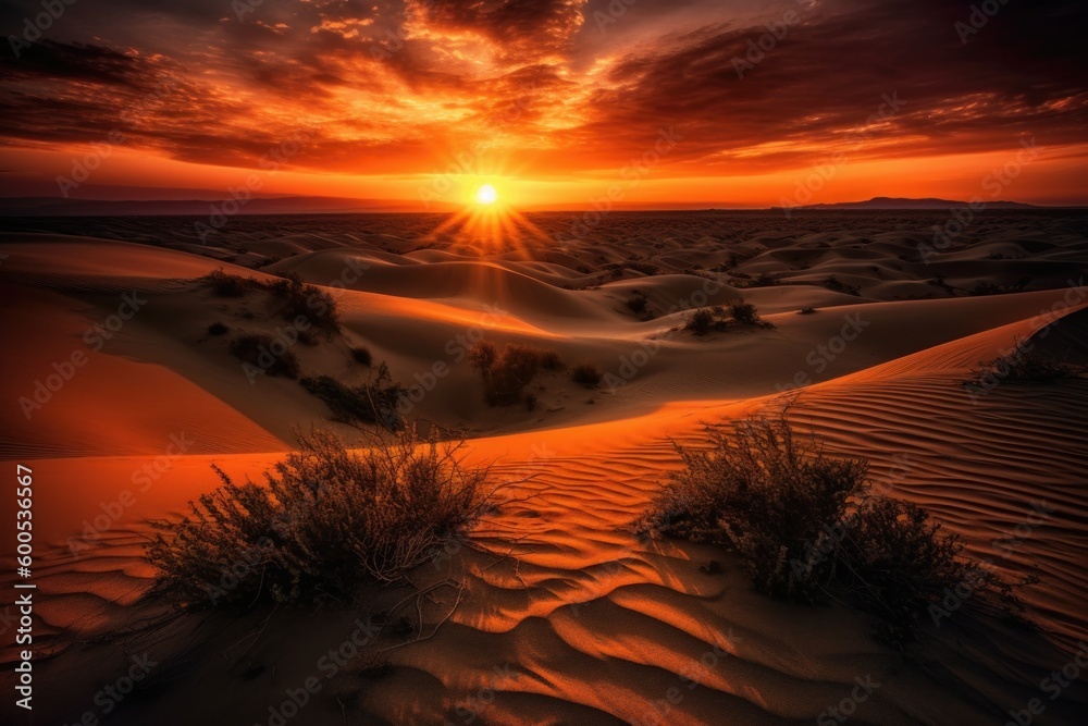 Sand dunes at sunset, with the sun setting behind them, against a fiery sky, with a sense of natural beauty and awe. Generative AI